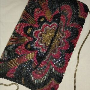 Elegant Beaded Clutch - Black, Red, Gold